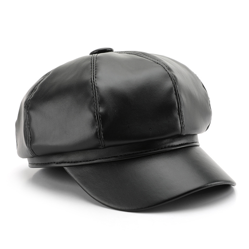 Octagonal PU Leather Breathable Women's Spring Autumn Solid Color 48-50cm Head Circumference Outdoor Street Warm Beret