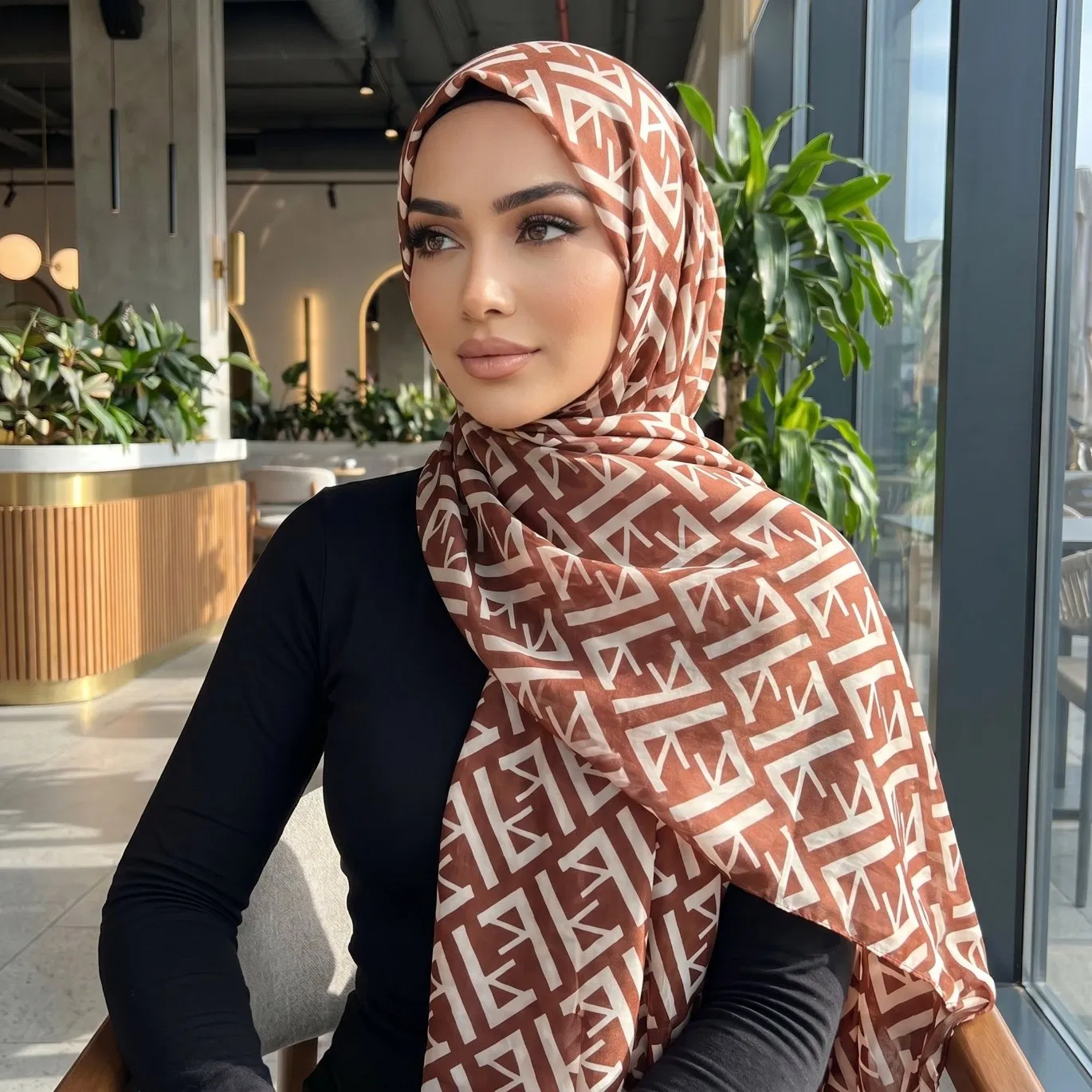 Designer Style Letter Pattern Polyester Scarf Elegant Long Wrap Snood for Women
