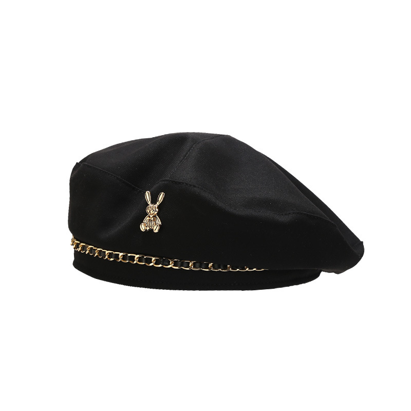 Japanese-Style Metal Beret for Women Retro Painter Hat in Black Summer and Autumn PU Material for Spring and Winter Seasons
