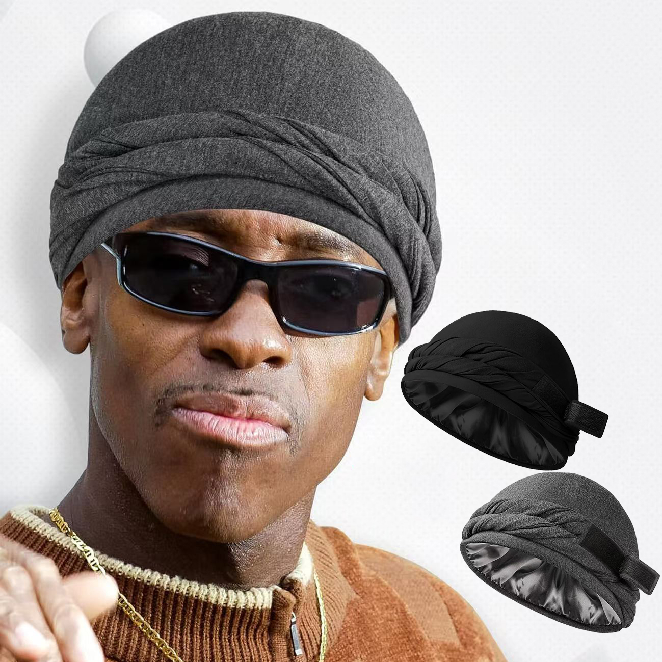 HZM-23398 Turban Durag for Men Women Pre-Tied Skull Cap Hair Loss Hat Silk-Lined Headwraps Magic Tape Sleeping Bonnet
