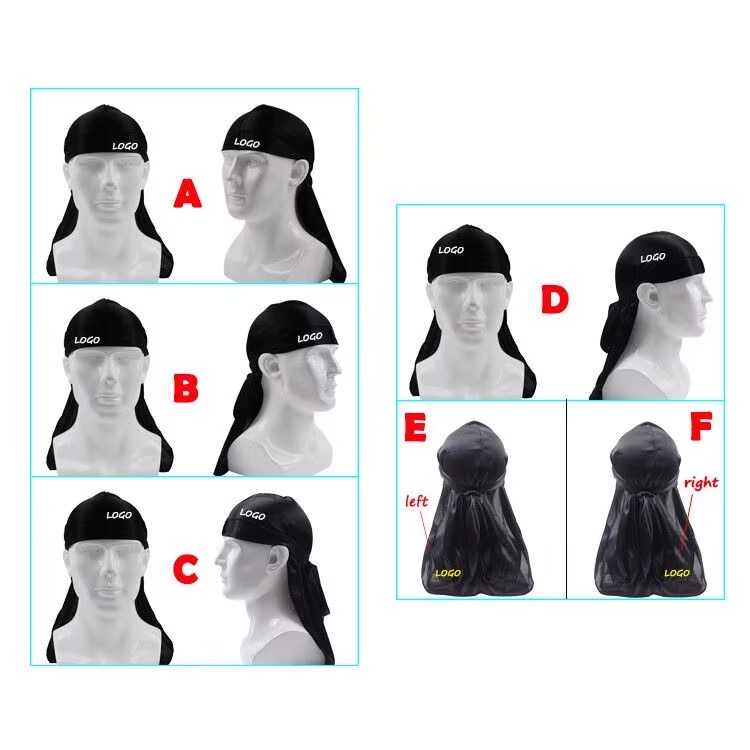 Custom Logo Low MOQ 19 Colors Silky Durag with Long Tail Wide Strap for Men Women Silk Satin Durag Headwraps Wave Cap