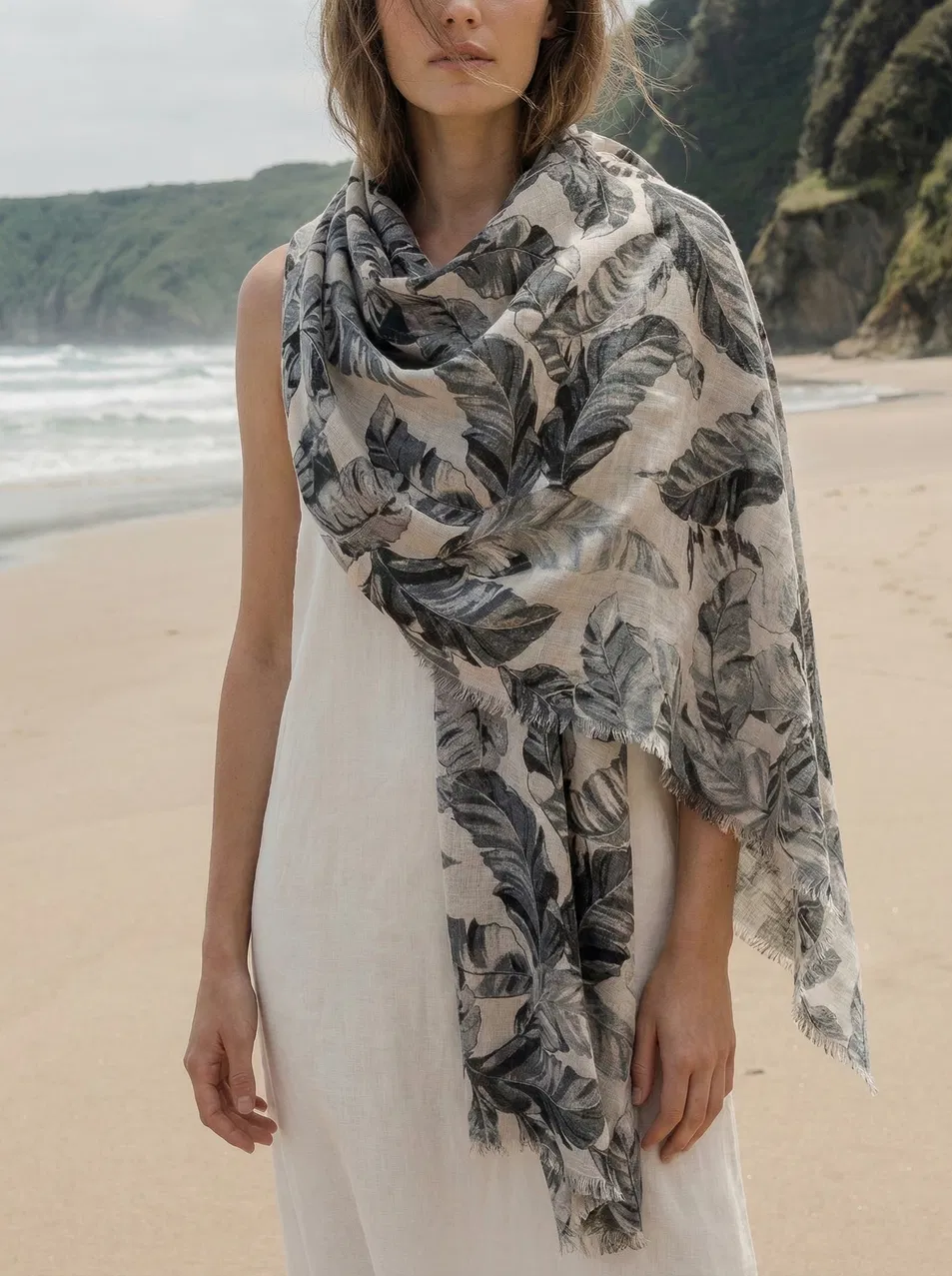 Lightweight Poly Cotton Tropical Leaf Print Fringe Shawl for Ladies Summer Beach Vacation Outfit