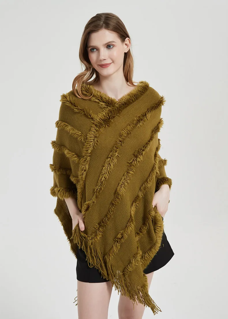 New Casual Style Ladies Comfortable Warm Outdoor Cape Women Cashmere Knit Cape Shawls