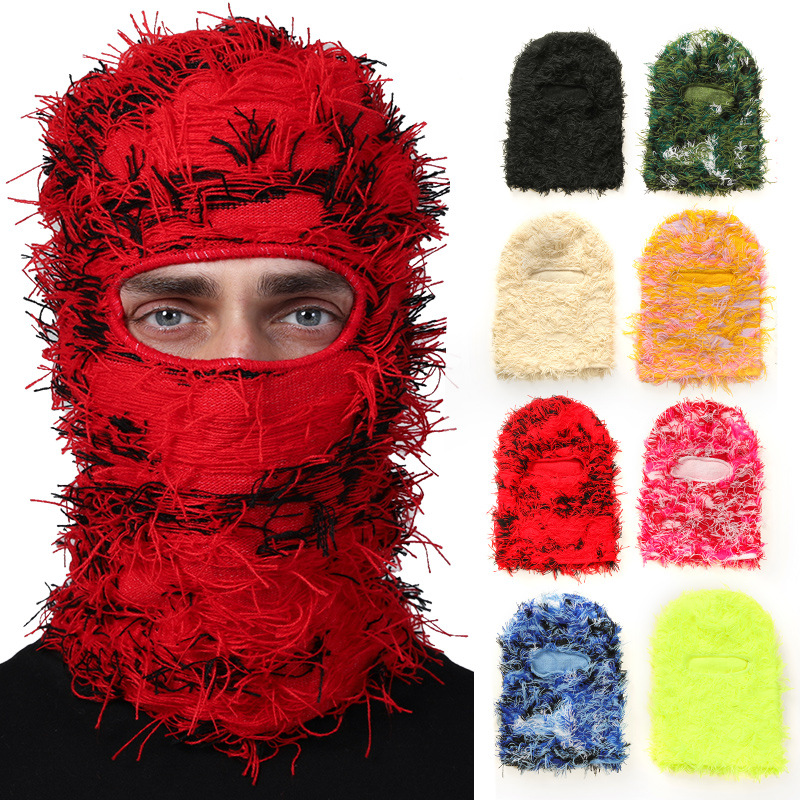 Winter Custom Logo Fuzzy Grassy One Hole Knit Camo Full Face Cover Ski Mask Distressed Balaclava Skimask