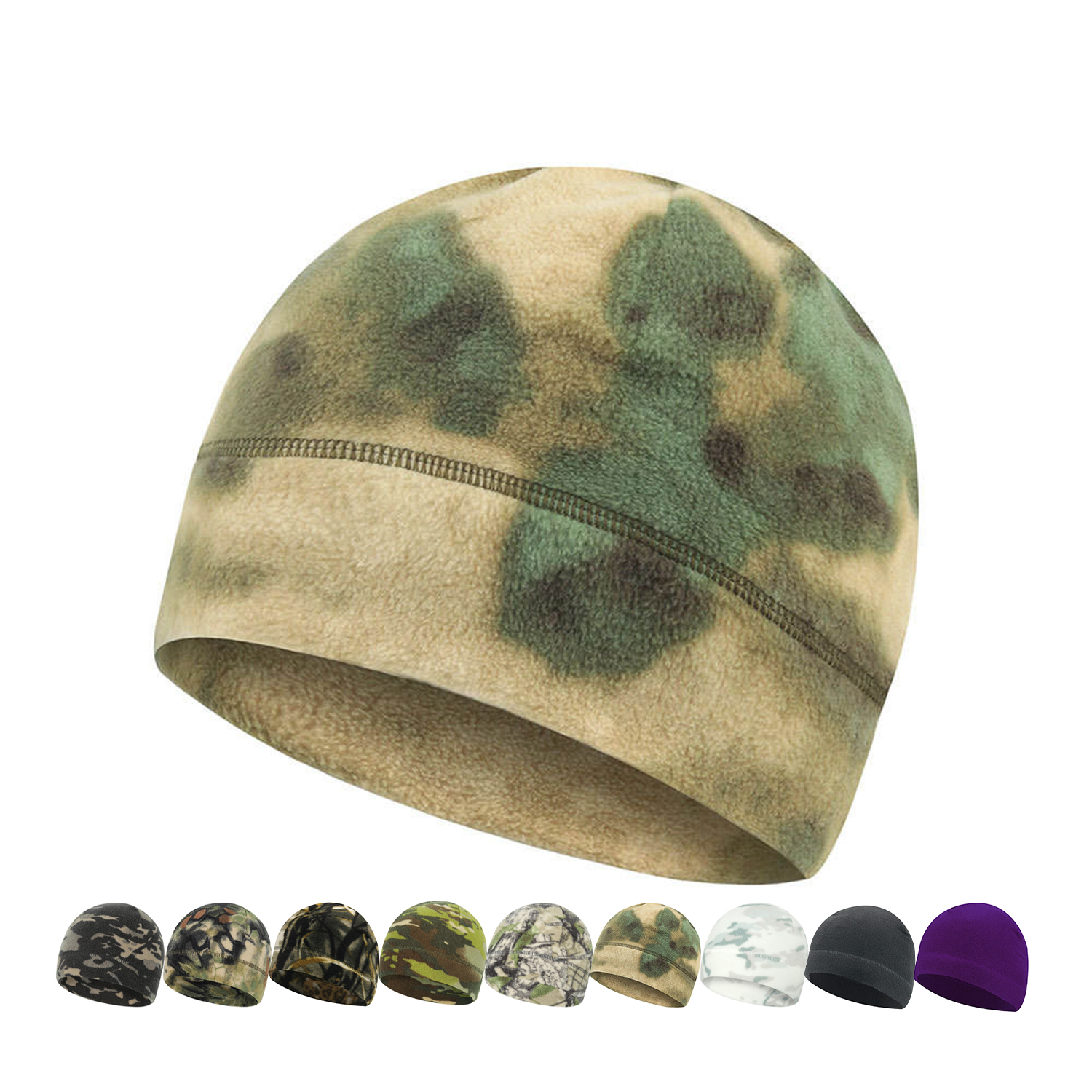 Hot Sales Promotional Winter Warm Skull Cap Hunting Fleece Hat Camo Polar Fleece Beanie Hat With Custom logo Hat Supplier