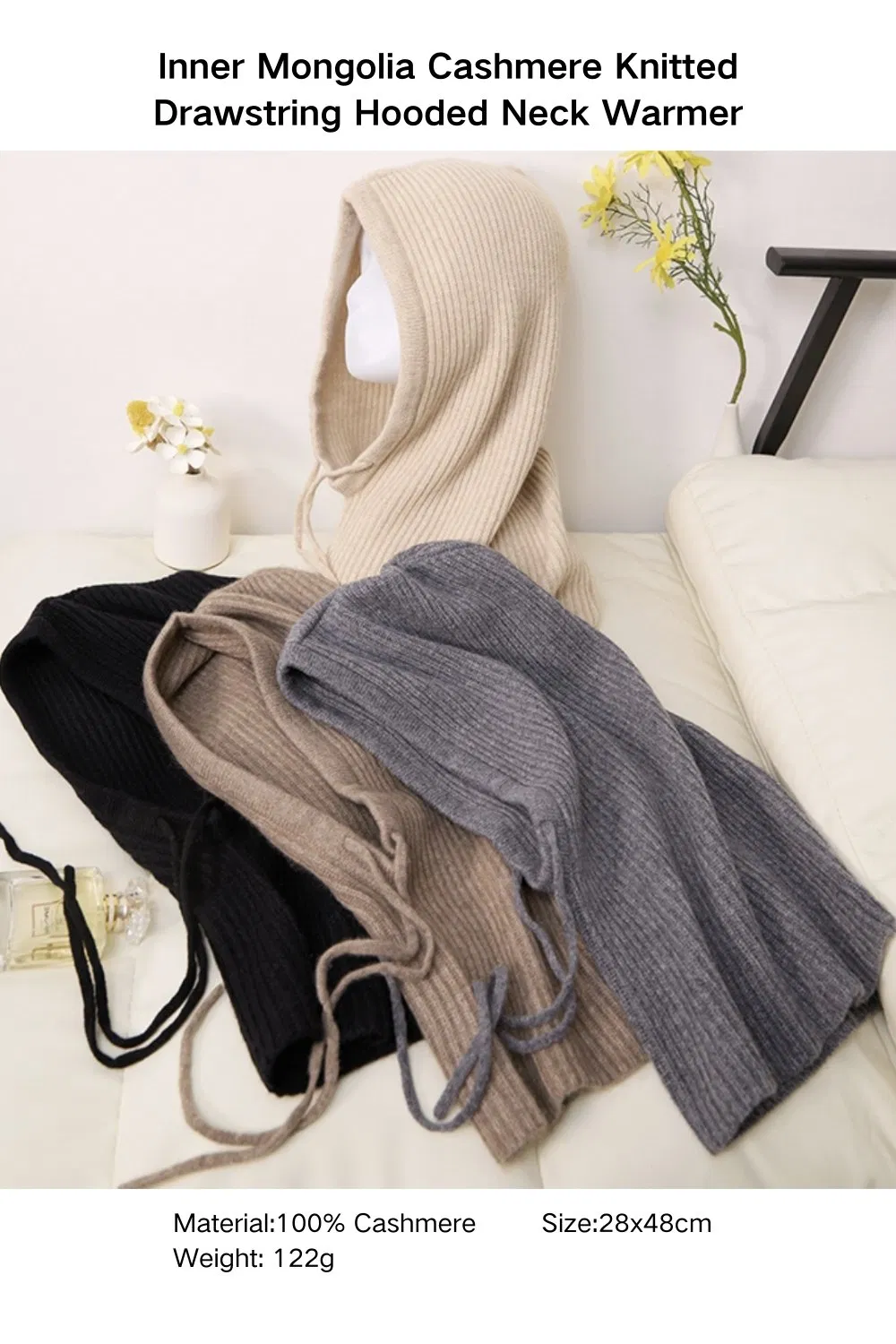 Unisex Fashion Cashmere Hat and Snood Combo with Drawstring for Thermal Insulation Winter