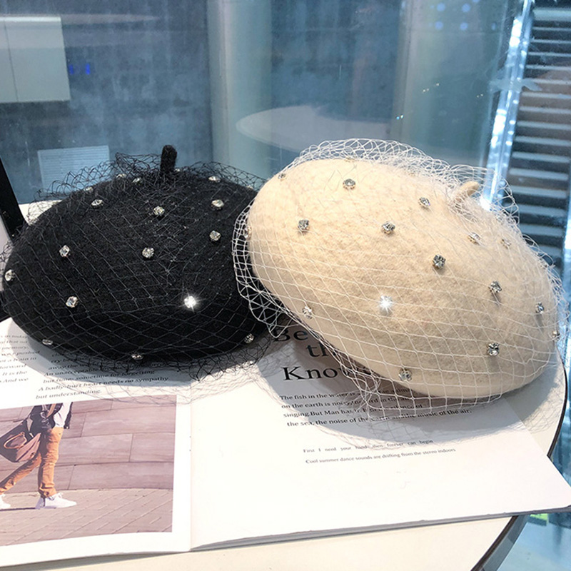 New Mesh Diamond Beret Women's Autumn and Winter Korean Version Versatile Wool Tweed Bud Hat British Winter Vintage Painter Hat