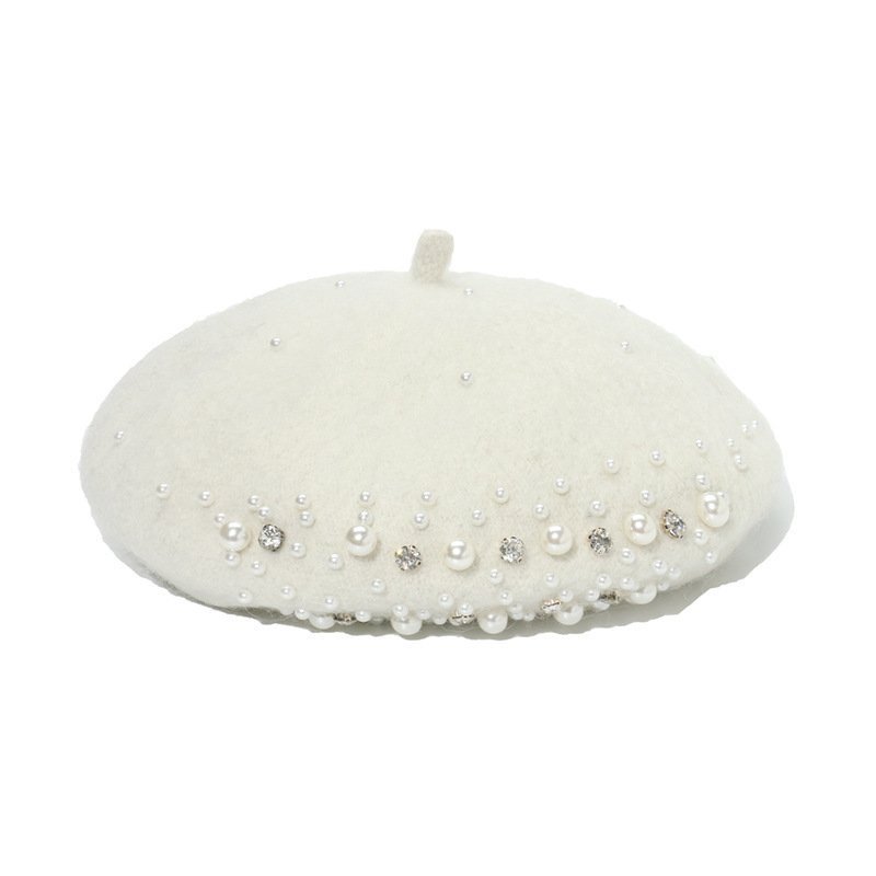 Women Fashion Wool Beret Custom Elegant Girls Beret with Pearl Rivets Wool Beret for Lady