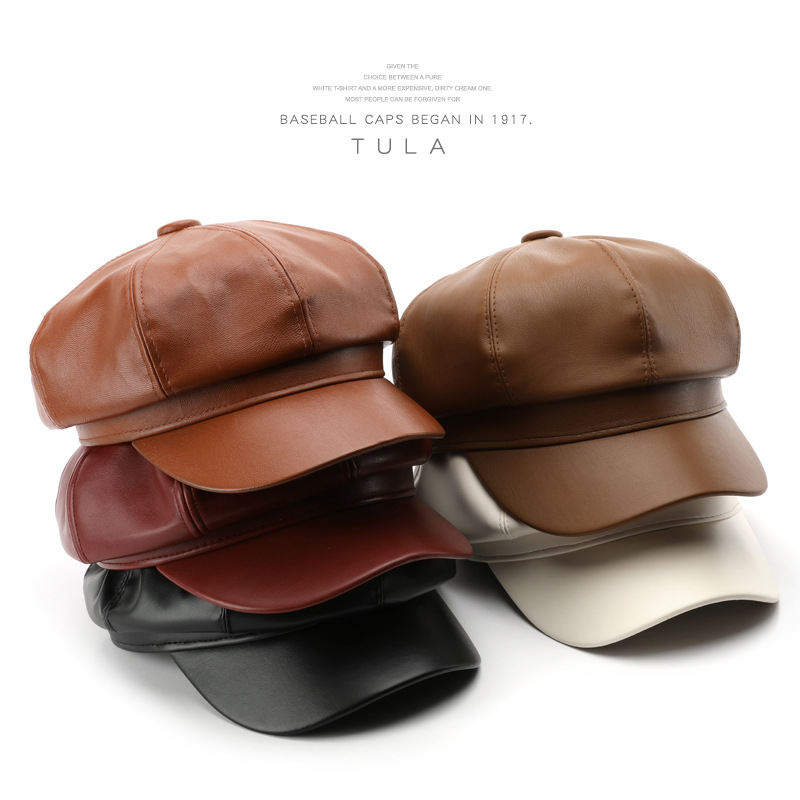 Octagonal PU Leather Breathable Women's Spring Autumn Solid Color 48-50cm Head Circumference Outdoor Street Warm Beret