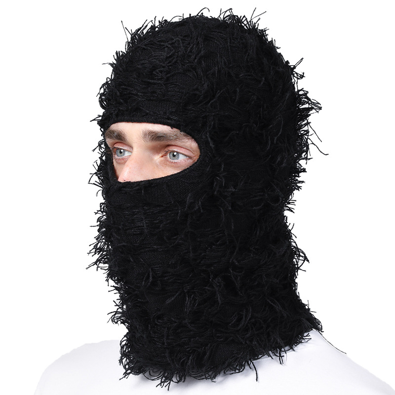 Winter Custom Logo Fuzzy Grassy One Hole Knit Camo Full Face Cover Ski Mask Distressed Balaclava Skimask