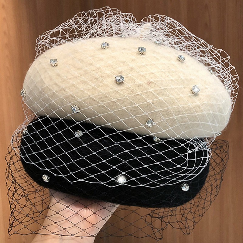 New Mesh Diamond Beret Women's Autumn and Winter Korean Version Versatile Wool Tweed Bud Hat British Winter Vintage Painter Hat