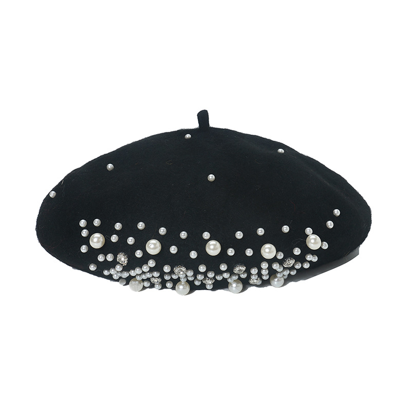 Women Fashion Wool Beret Custom Elegant Girls Beret with Pearl Rivets Wool Beret for Lady