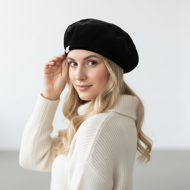 Custom Logo Black Velvet Beret Women Slouchy Soft Beret Cap for All Season Daily Use Elegant French Style Hat Luxury Pure Color
