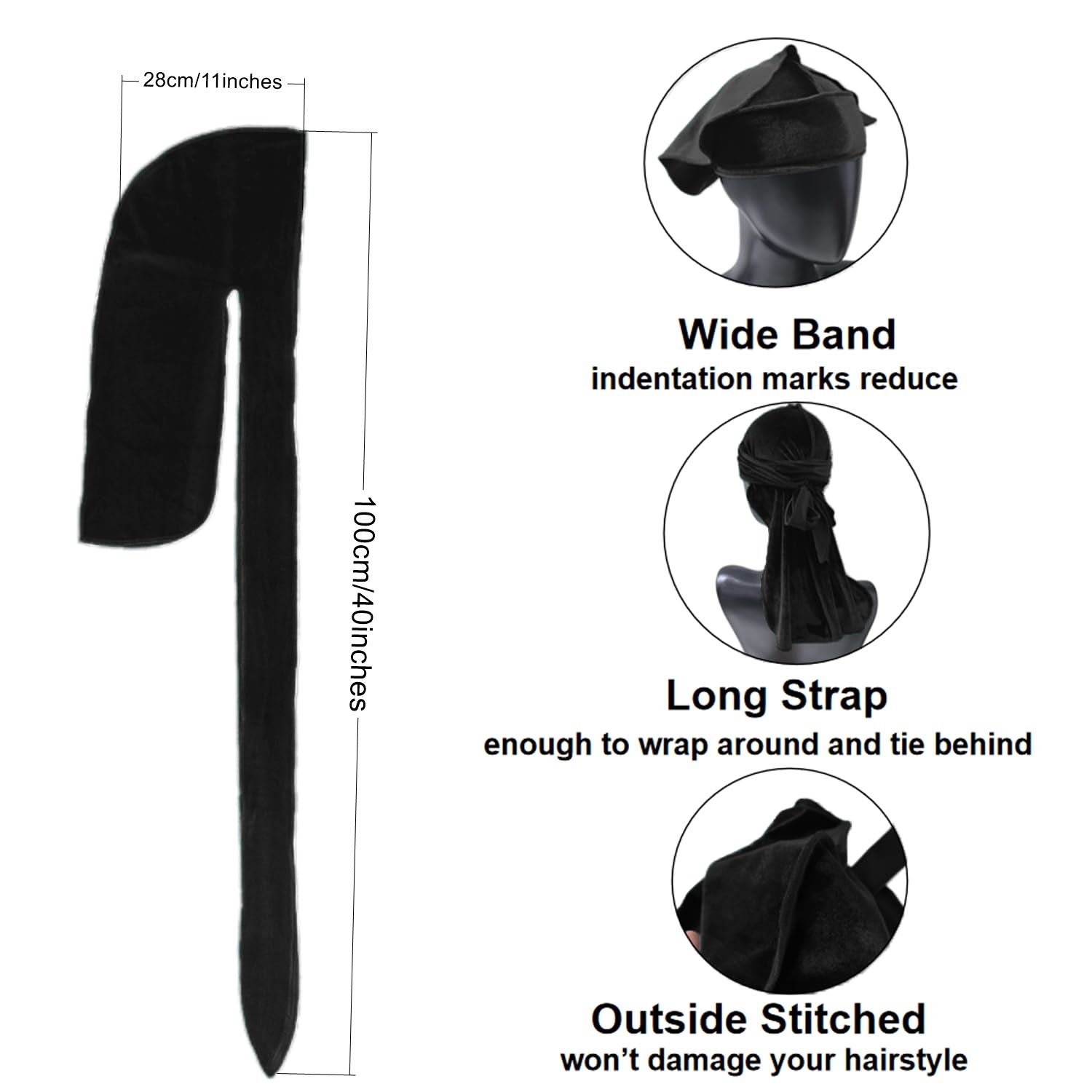 Factory Wholesale Deluxe Velvet Durags Turbans Soft Long Tail Hip-Hop Bandanas Breathable for Outdoor Use