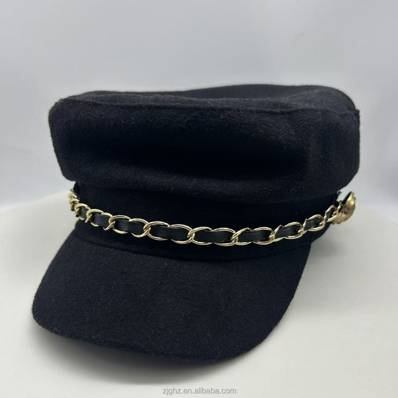 British Trendy All-Season Casual Canvas Beret Hat 50% Wool Golden Chain Unisex Adult 56-58CM Digital Printing Machine Embroidery