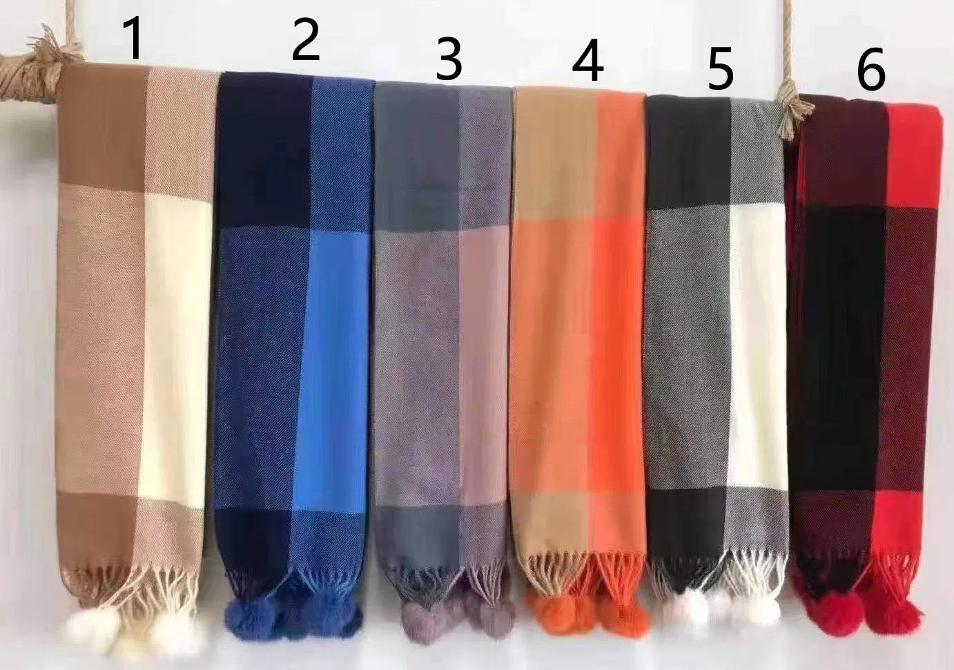 Yiwu Woge Prime Manufacturer Pompom Checked Plain Soli Winter Cashmere Feeling Stole for Women