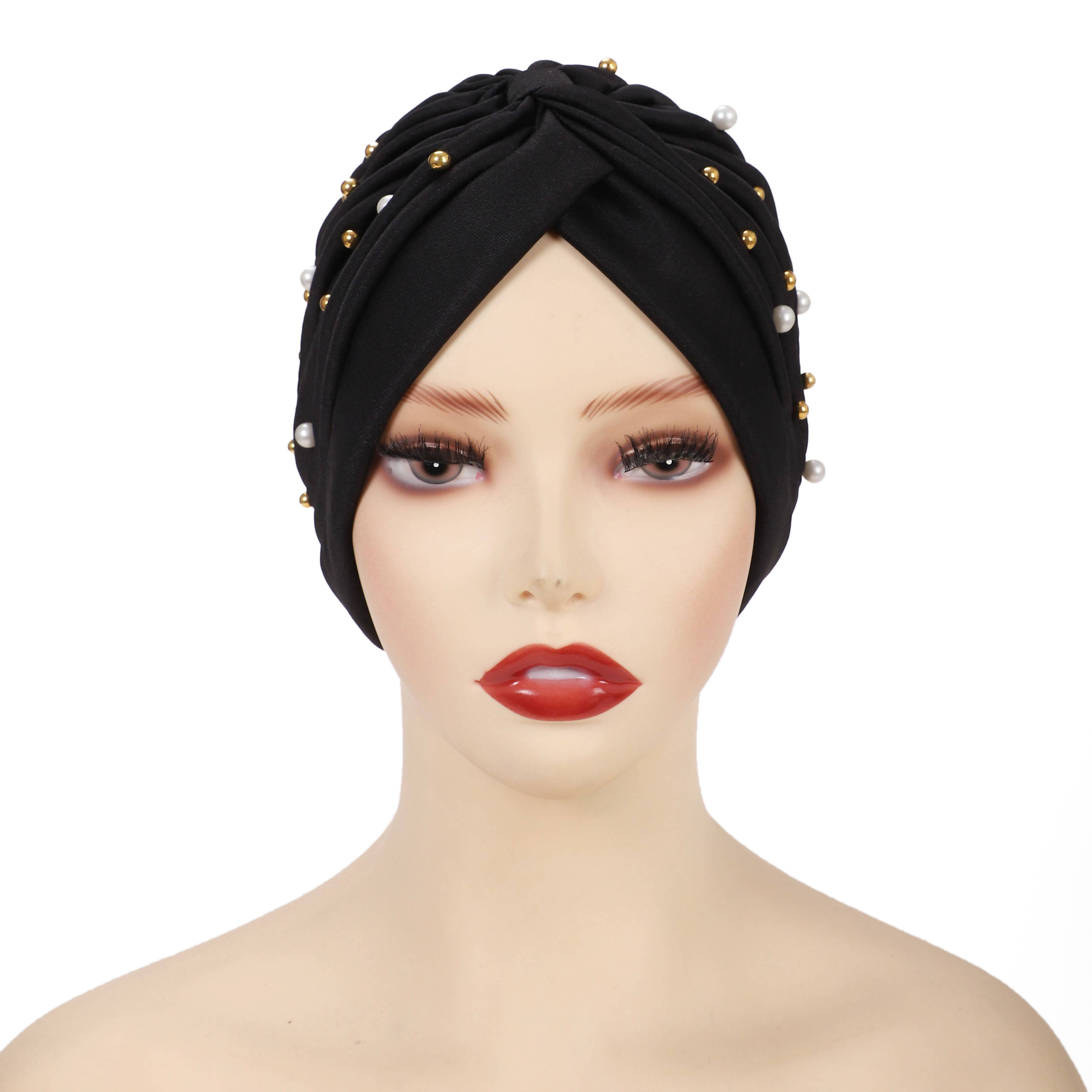 Wholesale Custom Hair Accessories Autumn Polyester Fitted Hats Beanie Headscarf Lovely Headwrap Muslim Beads Soft Women Turban