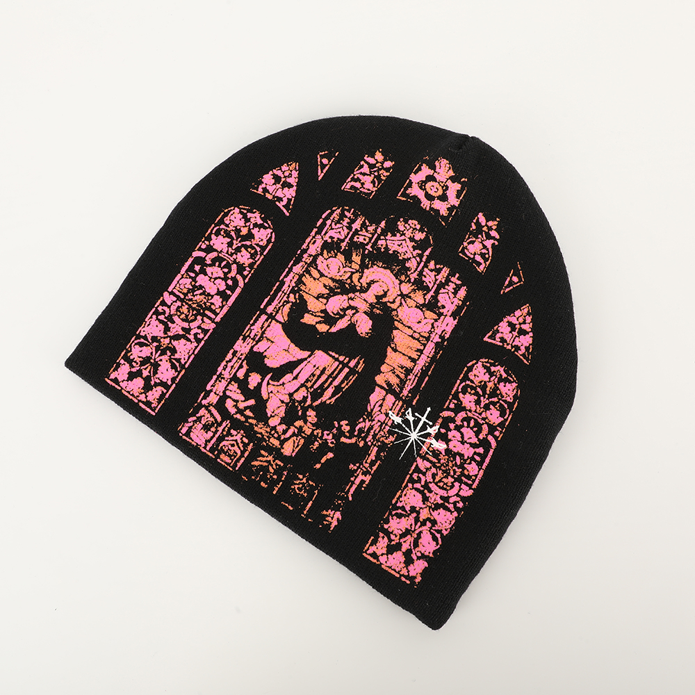 Custom Logo Acrylic Jacquard Pattern Hip-pop Street Style Winter Skully Y2K Beanie Hat No Cuff Knitted Outside with Head Pattern