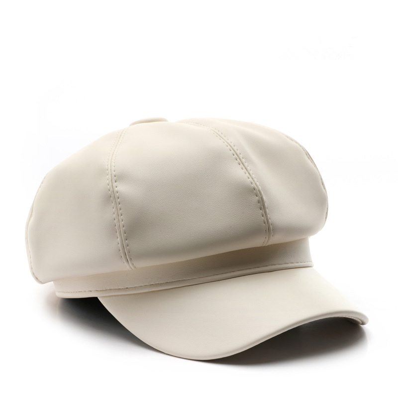 Octagonal PU Leather Breathable Women's Spring Autumn Solid Color 48-50cm Head Circumference Outdoor Street Warm Beret