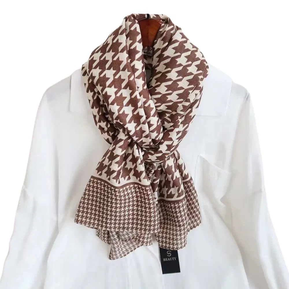Elegant Houndstooth Chiffon Hijab Shawl Polyester Printed Snood Tudung for Stylish Women