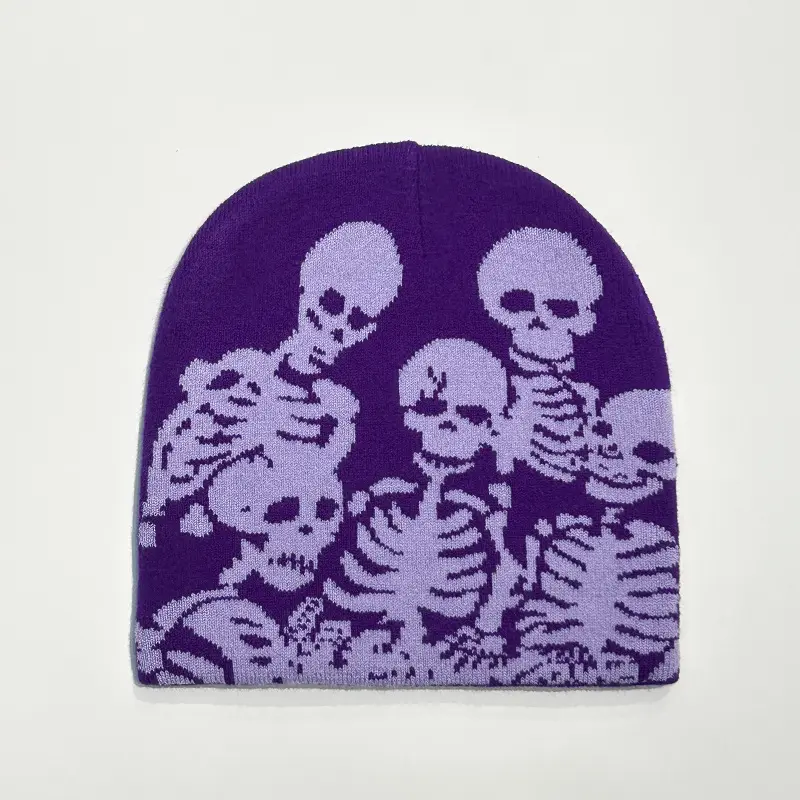 Y2K Skeleton Jacquard Knit Beanie Hat, 2026 Fashion Acrylic Skull Beanie, Unisex Streetwear Winter Warm Cap with Custom Logo
