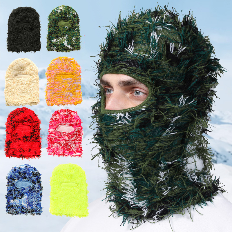 Winter Custom Logo Fuzzy Grassy One Hole Knit Camo Full Face Cover Ski Mask Distressed Balaclava Skimask