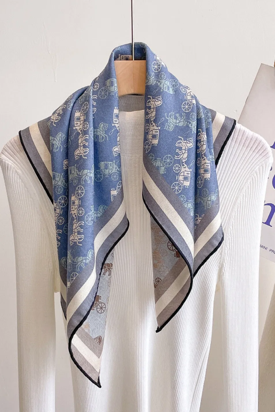 Luxury Silk Wool Blend Scarf Digital Double-Sided Printing Lightweight Square Shawl with Handmade Edge Rolling