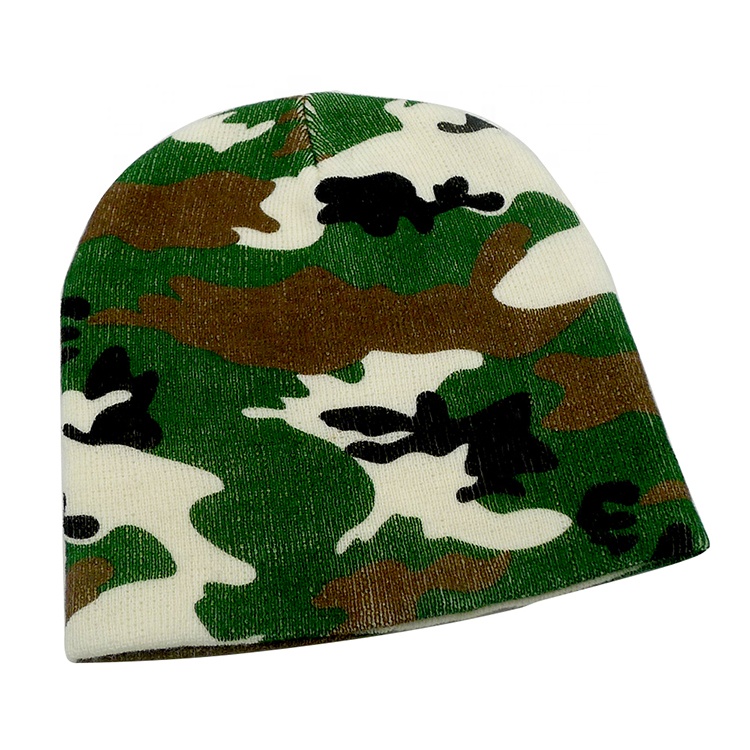 Custom Digital/Puff Print 100% Acrylic Street Style Beanie Sports Winter Jacquard Camo No Cuff Designer Skull Cap Y2K