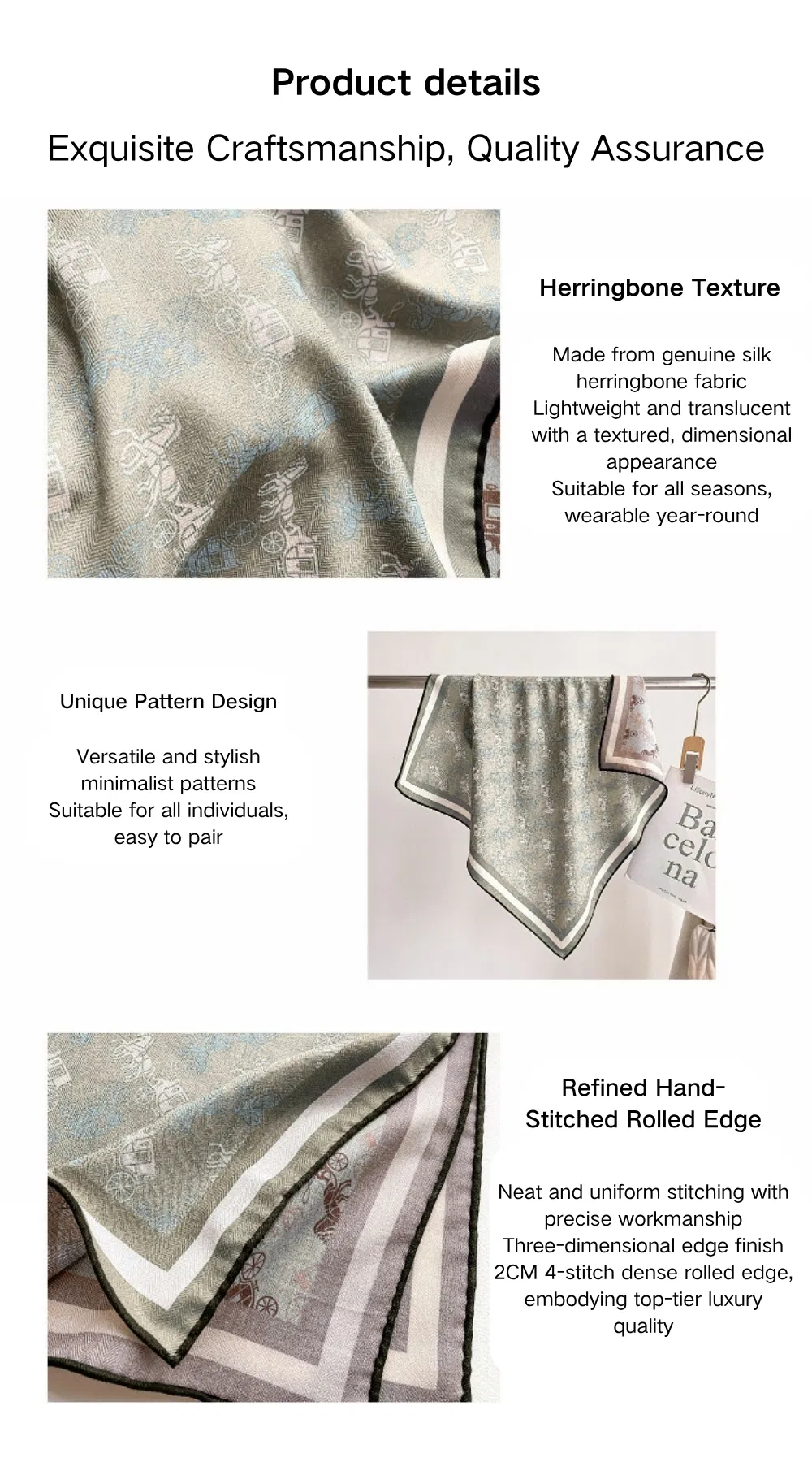 Luxury Silk Wool Blend Scarf Digital Double-Sided Printing Lightweight Square Shawl with Handmade Edge Rolling