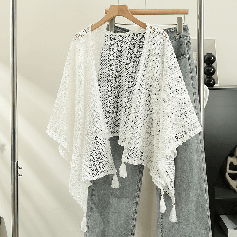 Women's Autumn Slouchy Cape Wrap Knitted Tassel Cardigan Women's Thin Spring and Autumn Shawl