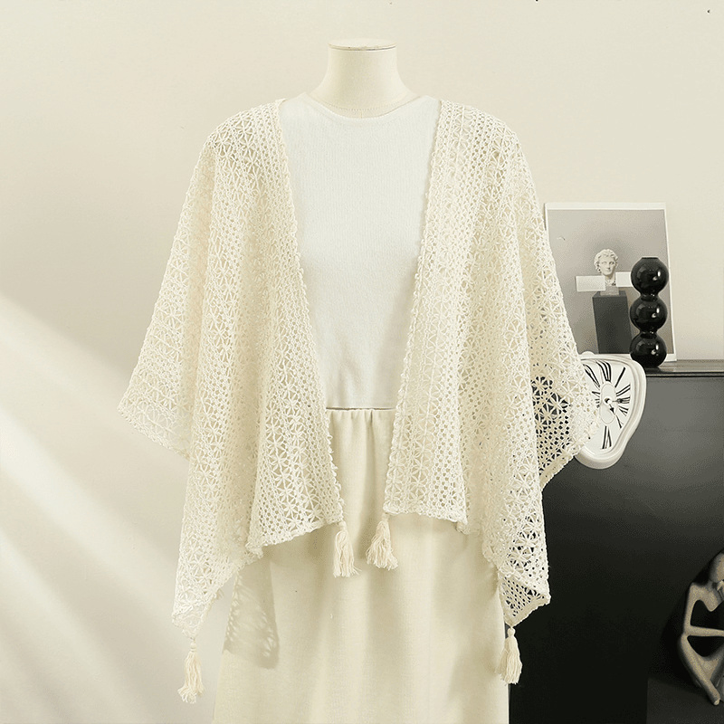Women's Autumn Slouchy Cape Wrap Knitted Tassel Cardigan Women's Thin Spring and Autumn Shawl
