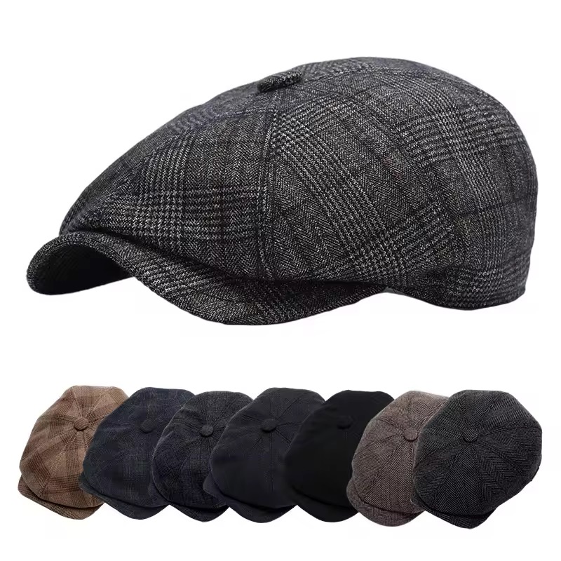 Wholesale Vintage Tweed Flat Cap Hat 8 Panel Newsboy Beret Ivy Hats for Men