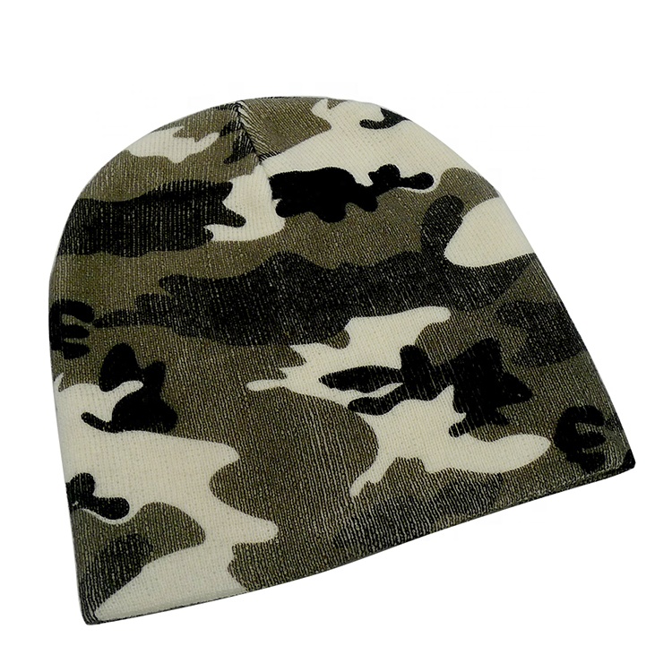 Custom Digital/Puff Print 100% Acrylic Street Style Beanie Sports Winter Jacquard Camo No Cuff Designer Skull Cap Y2K