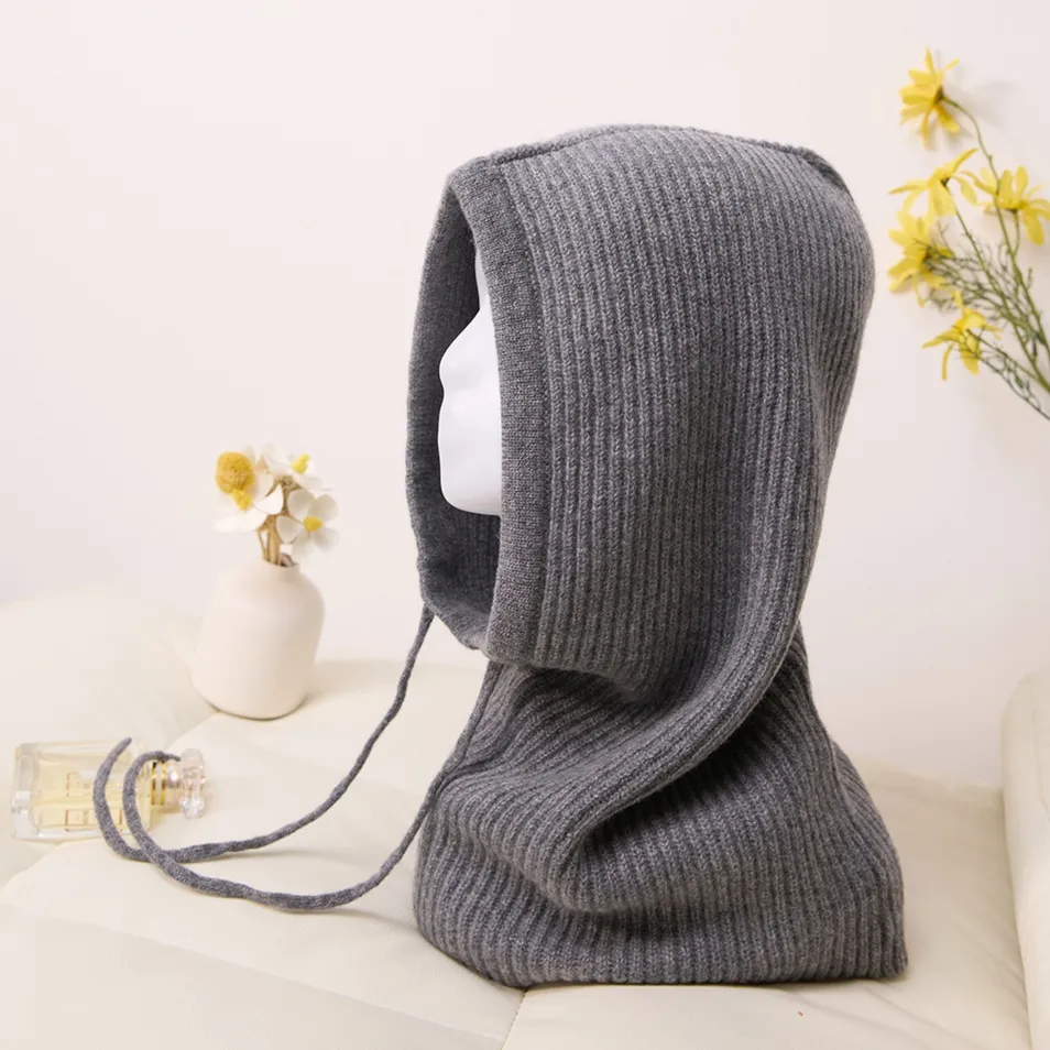 Unisex Fashion Cashmere Hat and Snood Combo with Drawstring for Thermal Insulation Winter