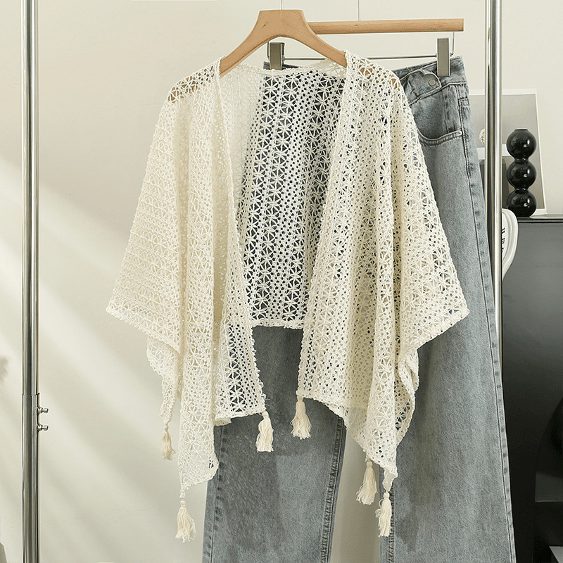 Women's Autumn Slouchy Cape Wrap Knitted Tassel Cardigan Women's Thin Spring and Autumn Shawl