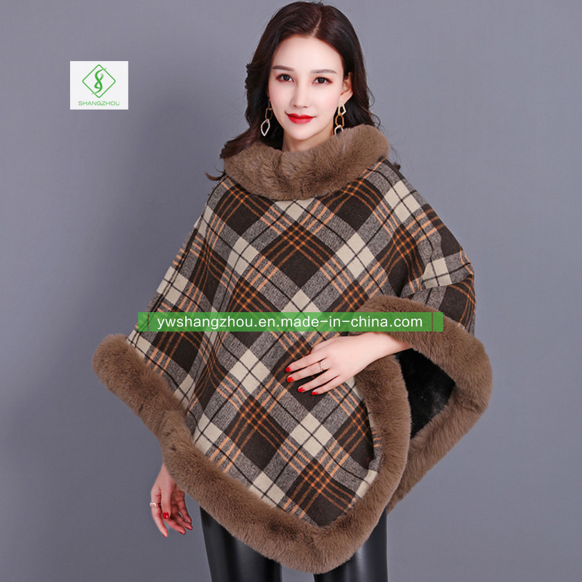 European Round Collar Plaid Women Sleeveless Cashmere Thickened Shawl Poncho