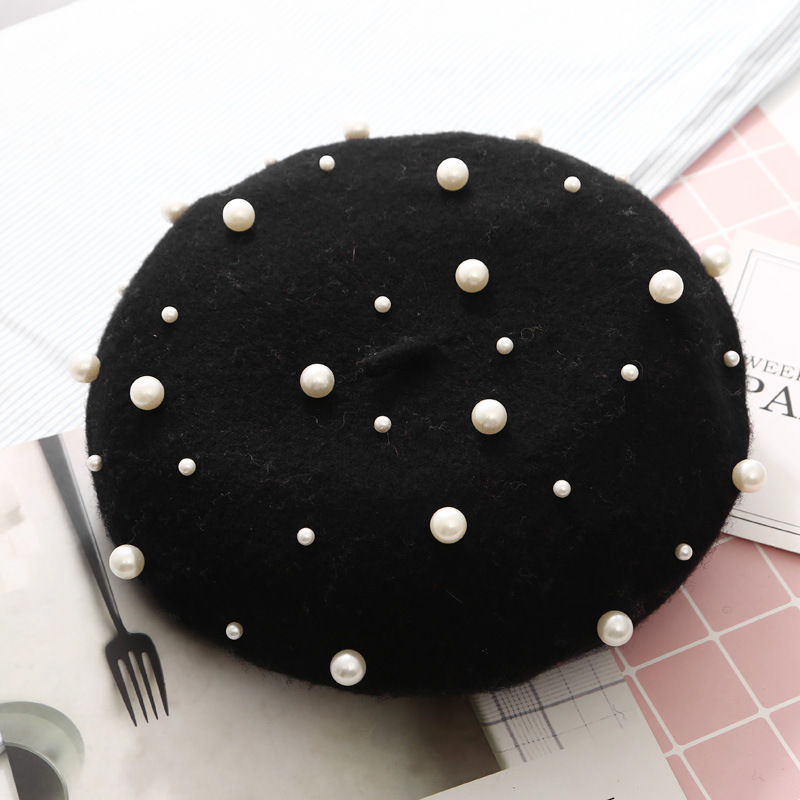 Autumn Winter Wholesale Fashion Pearl Beret Women Pearls Black Beret Cap Cashmere Beret Hat for Women