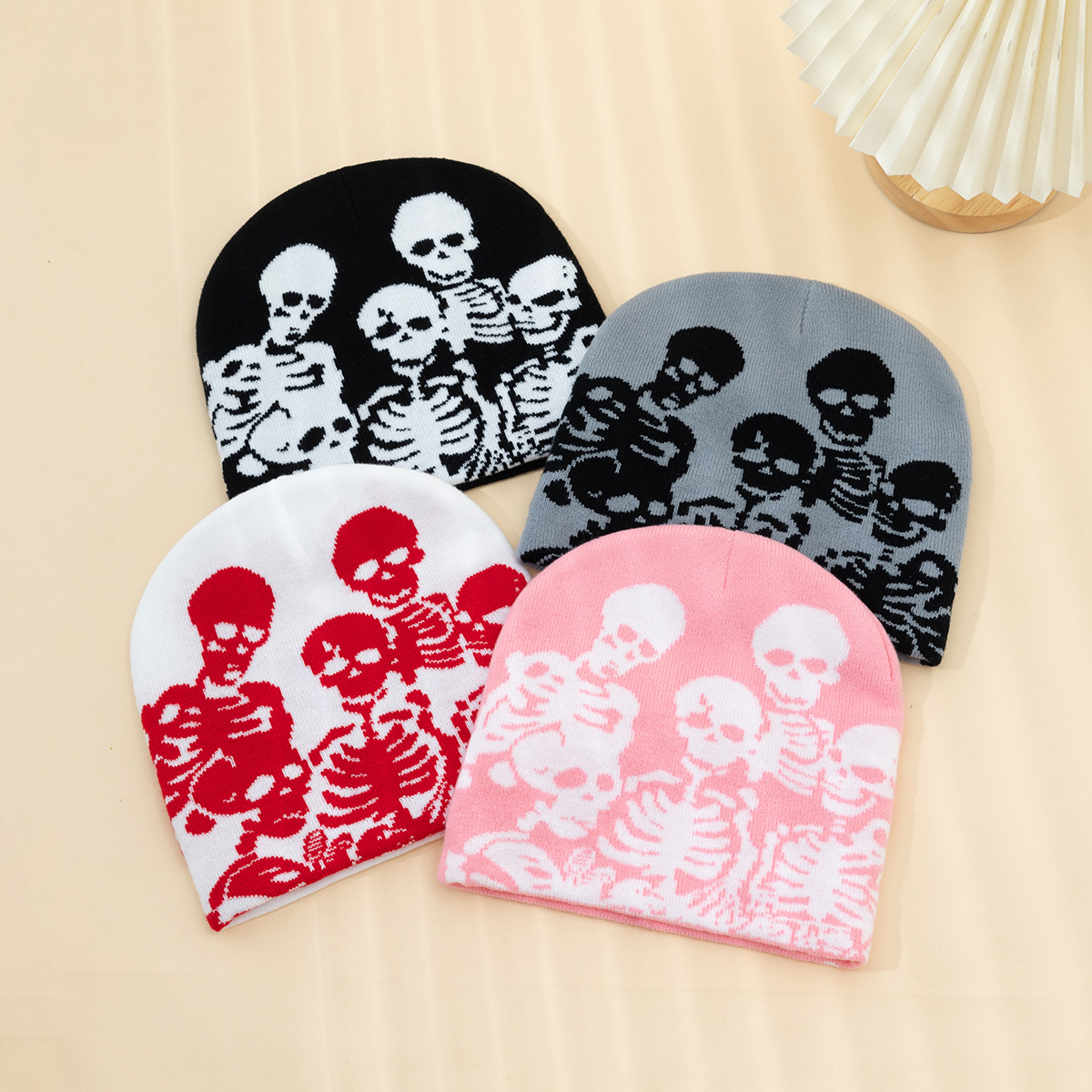 Y2K Skeleton Jacquard Knit Beanie Hat, 2026 Fashion Acrylic Skull Beanie, Unisex Streetwear Winter Warm Cap with Custom Logo
