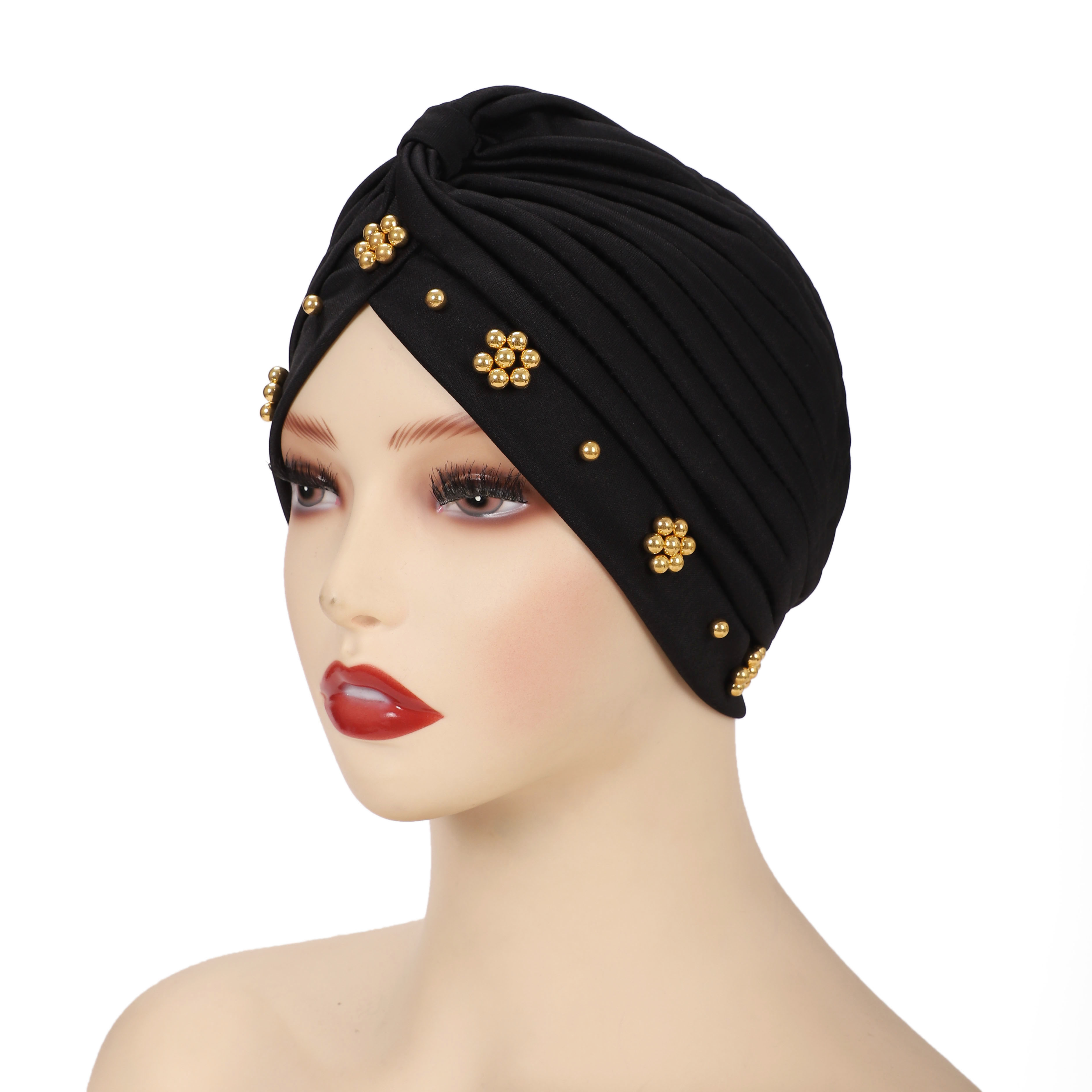 Wholesale Custom Hair Accessories Autumn Polyester Fitted Hats Beanie Headscarf Lovely Headwrap Muslim Beads Soft Women Turban
