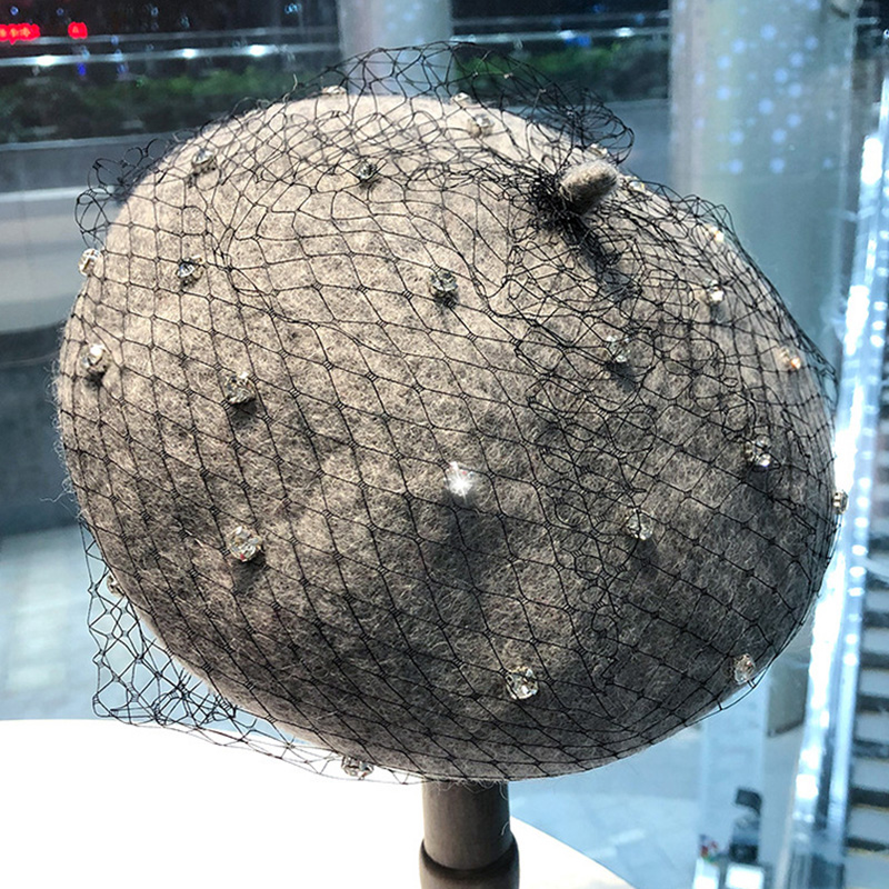 New Mesh Diamond Beret Women's Autumn and Winter Korean Version Versatile Wool Tweed Bud Hat British Winter Vintage Painter Hat