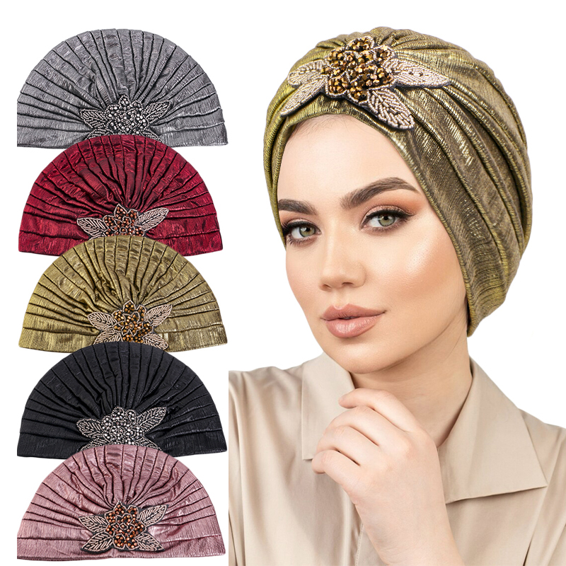 Wholesale Bright Color Jewelry Turban With Delicate Jewel Accessories Headscarf Polyester Ladies Daily Headwraps