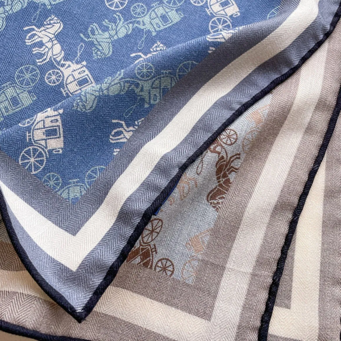 Luxury Silk Wool Blend Scarf Digital Double-Sided Printing Lightweight Square Shawl with Handmade Edge Rolling