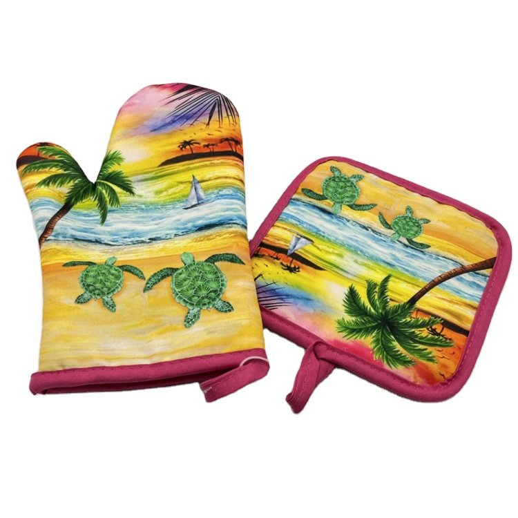 Custom Logo Printed Kitchen Heat Resistant Cotton Oven Mitts and Pot Holders Sets