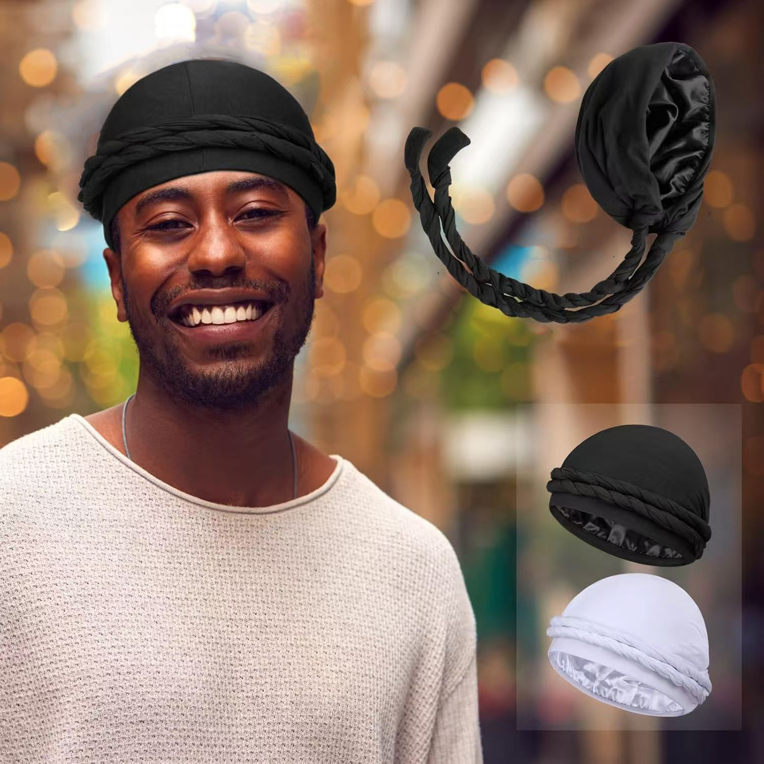 HZM-23398 Turban Durag for Men Women Pre-Tied Skull Cap Hair Loss Hat Silk-Lined Headwraps Magic Tape Sleeping Bonnet