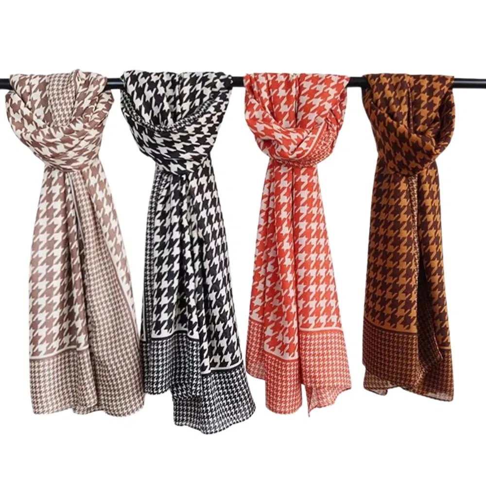 Elegant Houndstooth Chiffon Hijab Shawl Polyester Printed Snood Tudung for Stylish Women