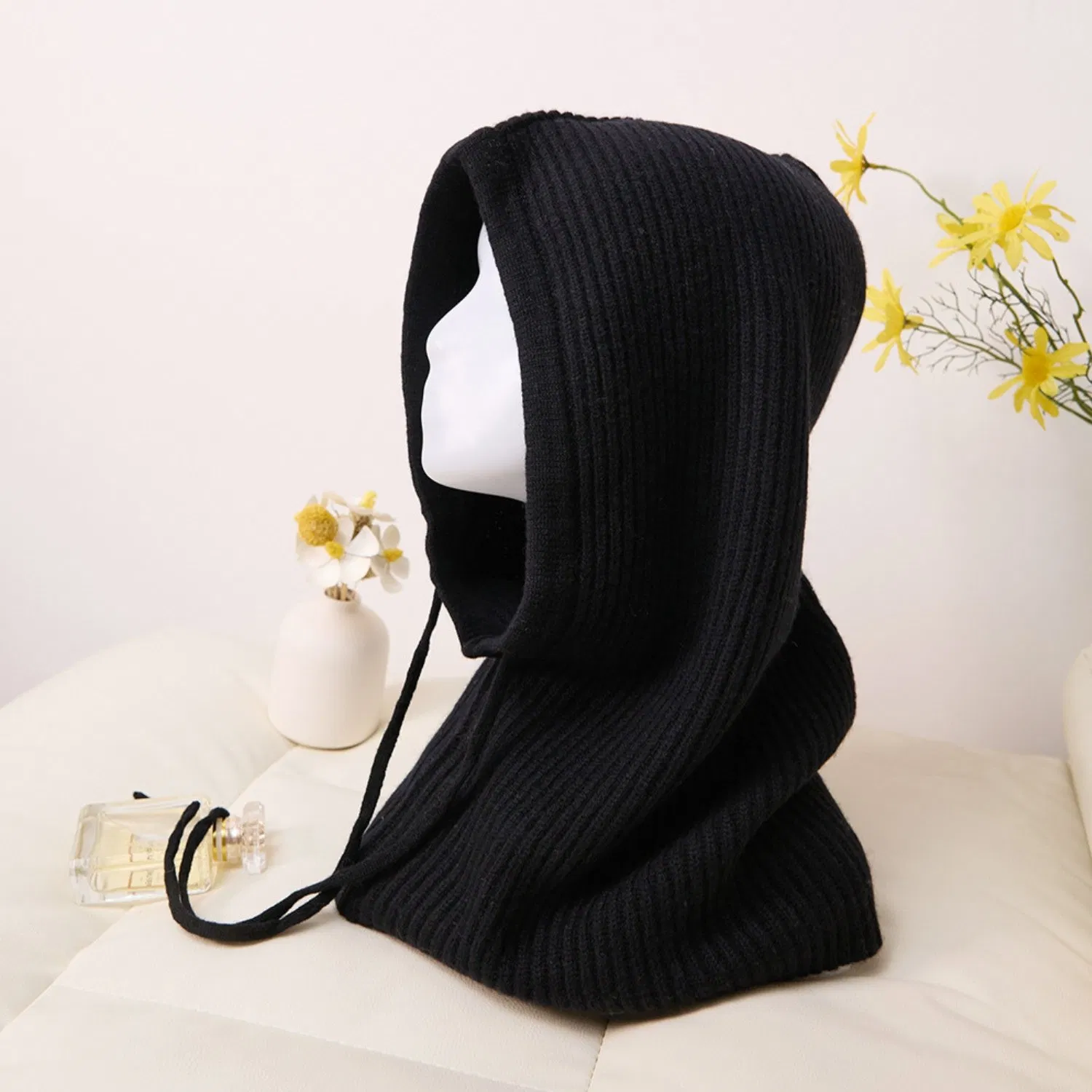 Unisex Fashion Cashmere Hat and Snood Combo with Drawstring for Thermal Insulation Winter