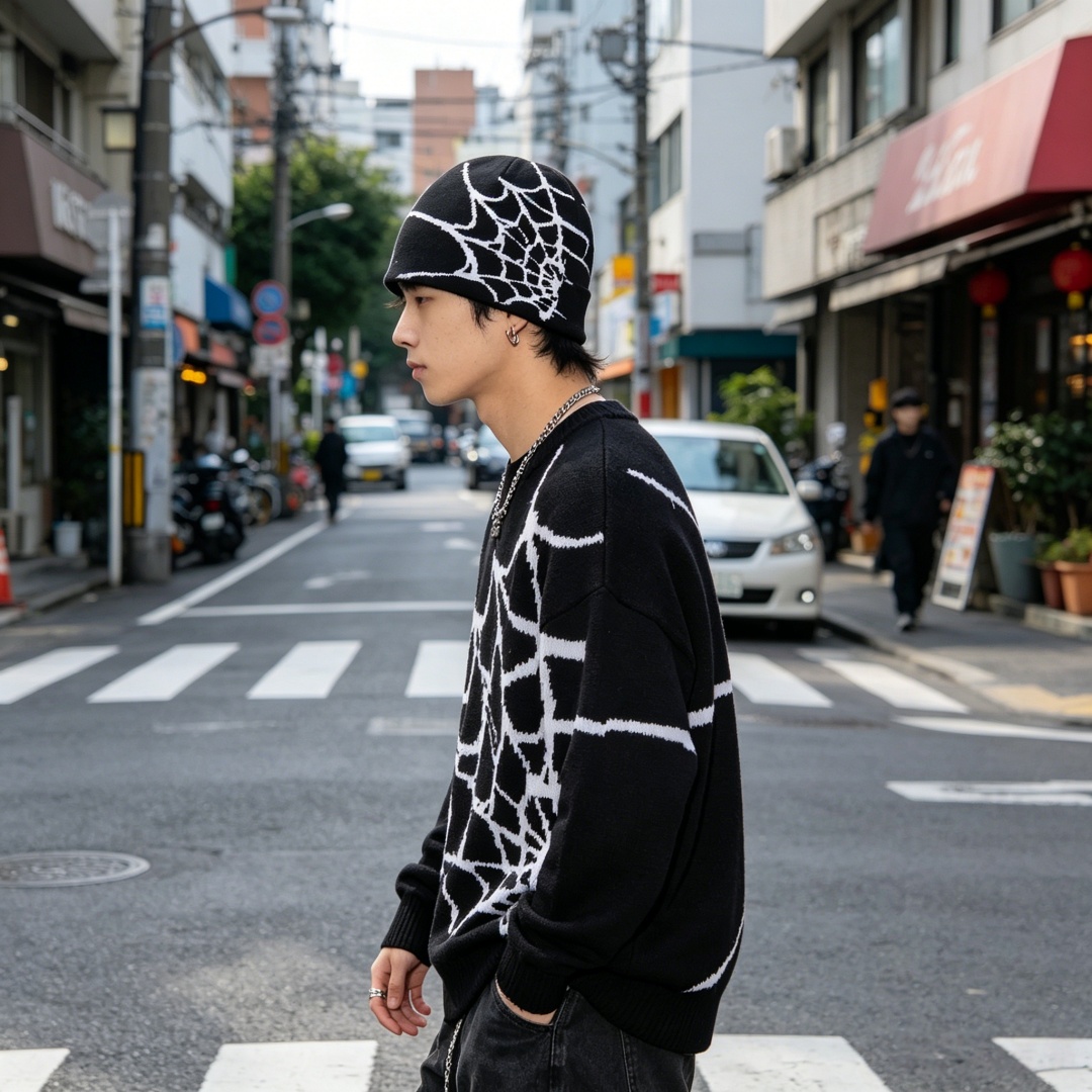 Y2k Beanie Acrylic Knitted Hat Spider Web Jacquard Pattern Windproof Warm Headwear Unisex Adult Skiing Street Party Headwear