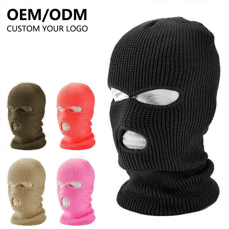Custom Knitted Striped Balaclava with 3 Holes Embroidery Design Logo Face Mask Pink Neon for Sports Party Ski Use