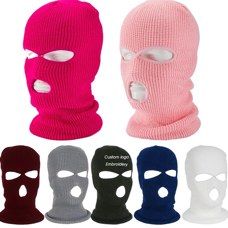 Custom Knitted Striped Balaclava with 3 Holes Embroidery Design Logo Face Mask Pink Neon for Sports Party Ski Use