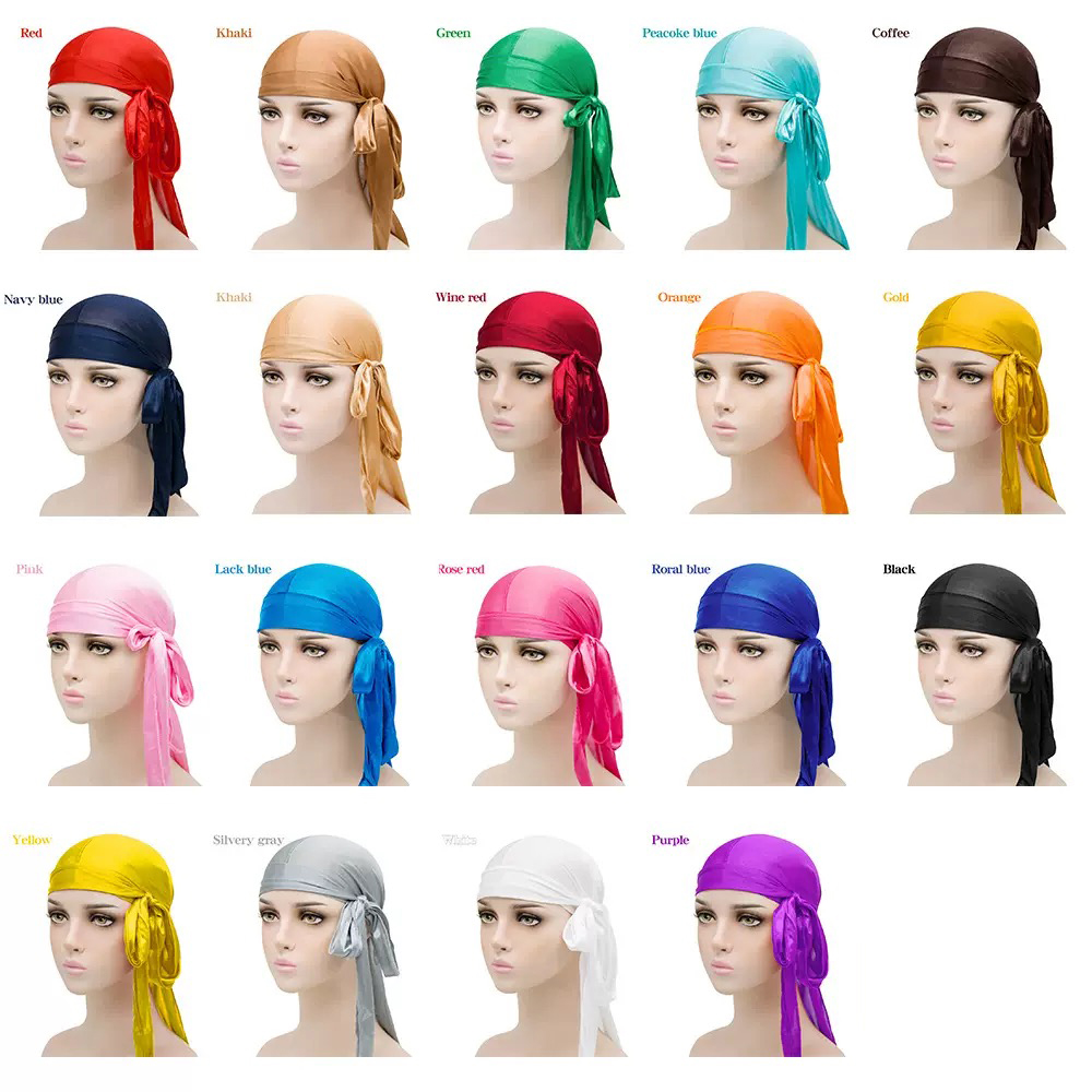 Custom Logo Low MOQ 19 Colors Silky Durag with Long Tail Wide Strap for Men Women Silk Satin Durag Headwraps Wave Cap